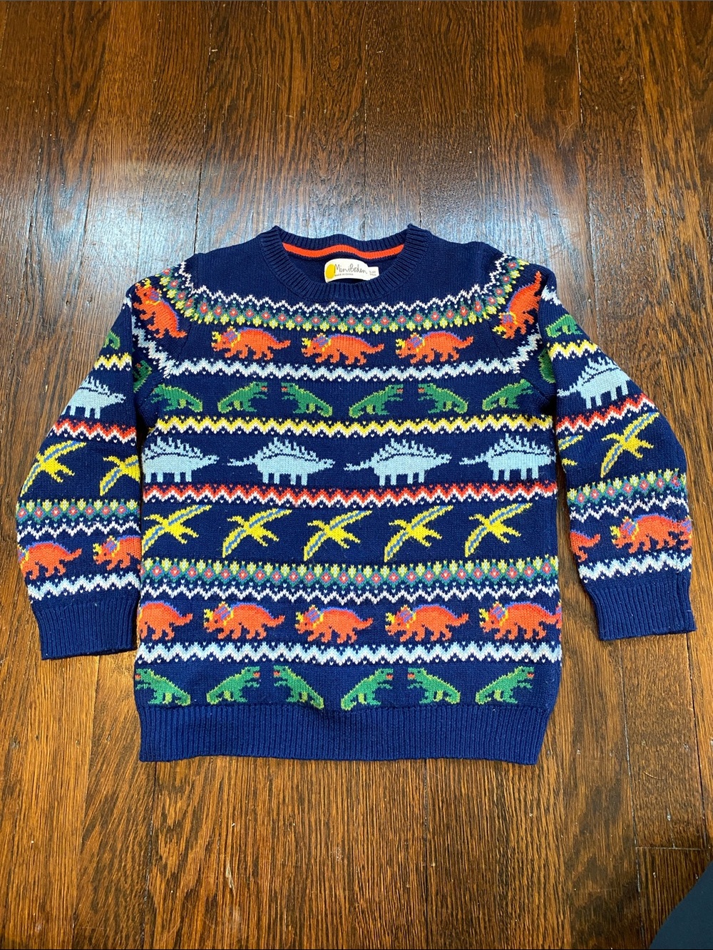 Mini Boden Navy Fair Isle Dinosaur Knit Sweater with Bright Accents